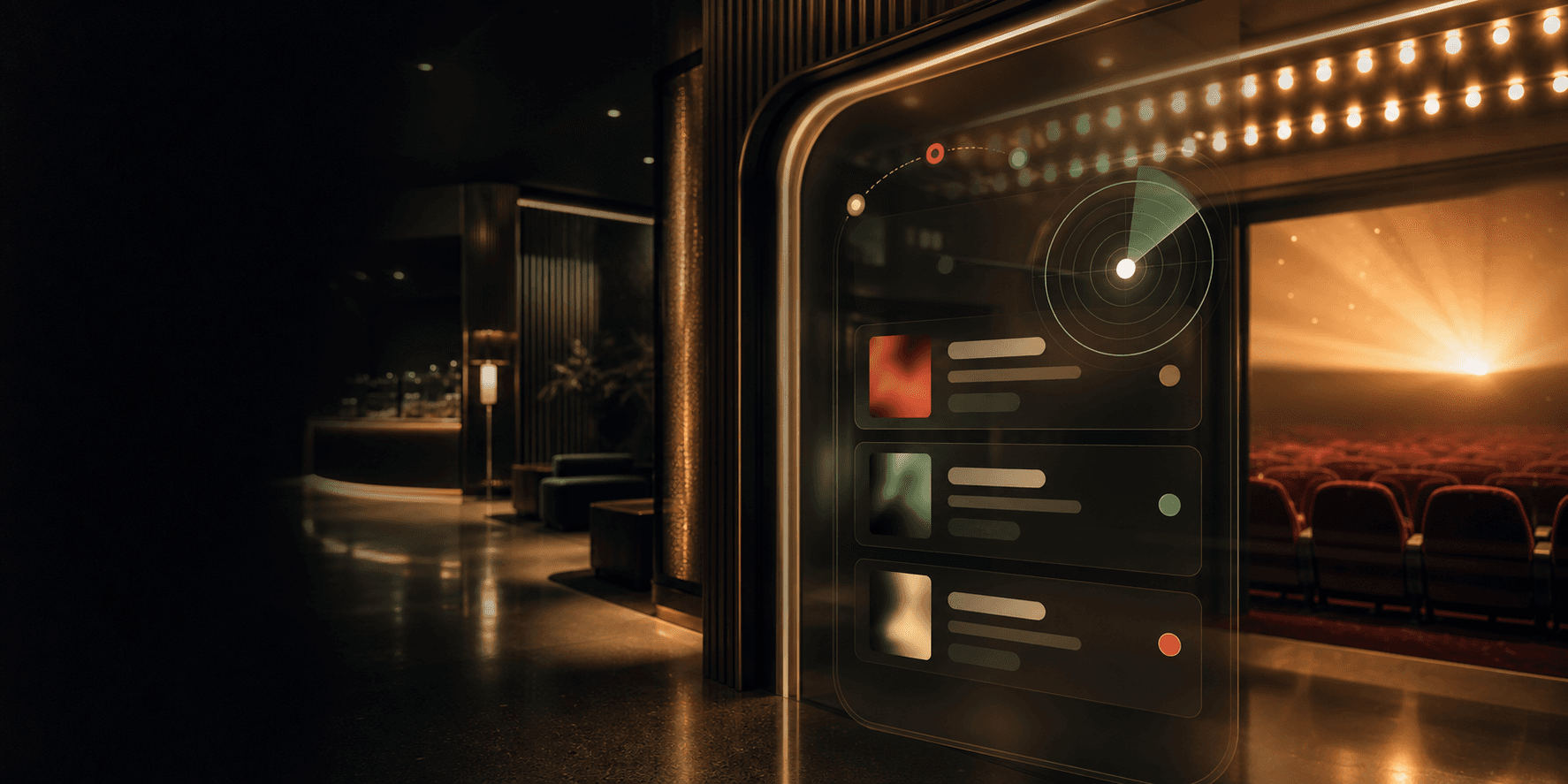 Cinematic theater lobby with abstract showtime planning interface